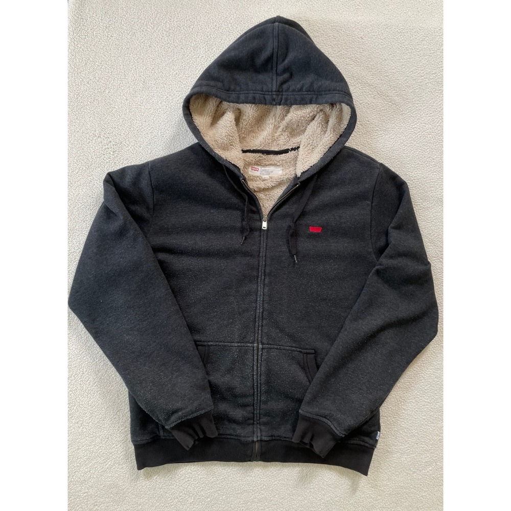 Levi's Mens Medium Hoodie Charcoal Gray Sherpa Lined Full Zip Standard Fit Faded